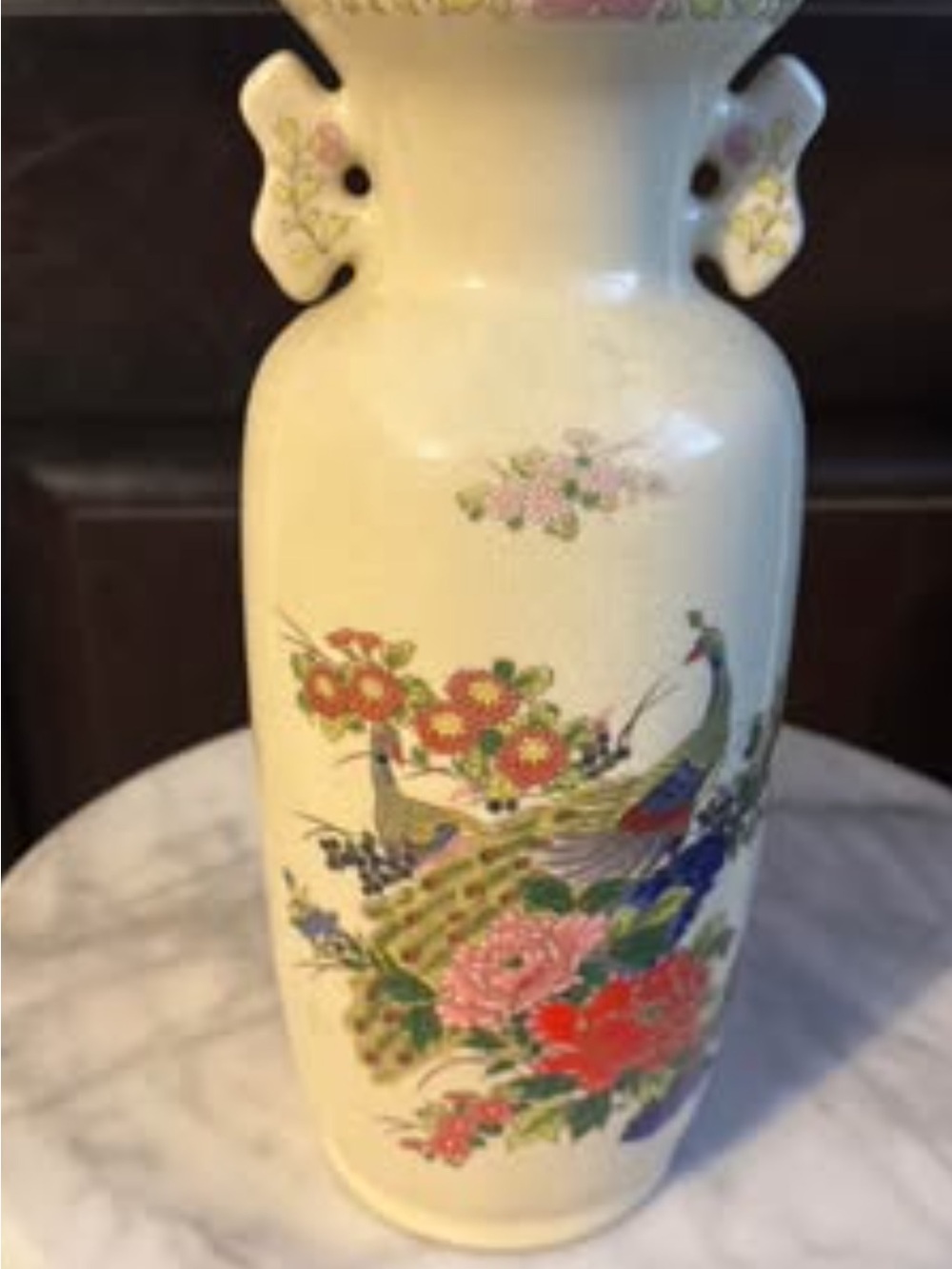 Cream Ceramic Vase with Multicolor Floral & Peacock Motif